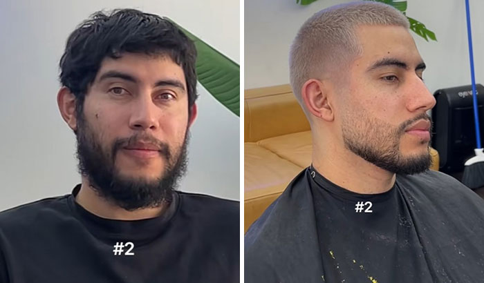 Before and after haircut transformation showing a man’s glow up with a fresh and stylish short haircut.