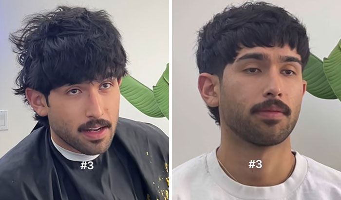 Before and after haircut transformation showing a man’s glow up with a stylish new haircut and groomed beard.