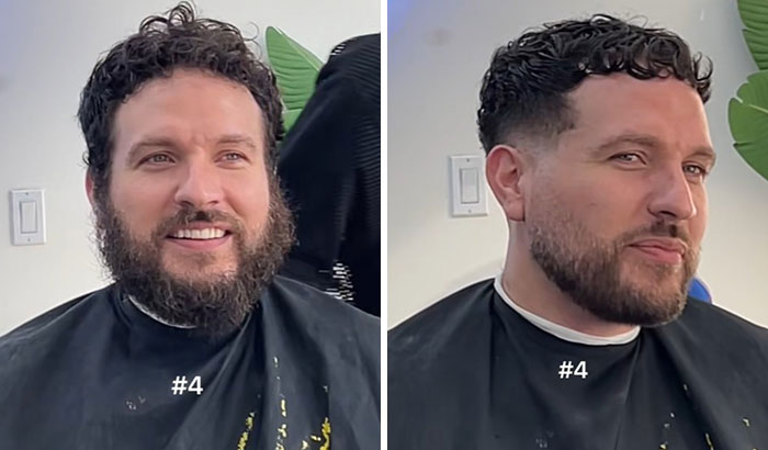 Before and after haircut transformation showing a man’s glow up with a fresh, stylish haircut and groomed beard.