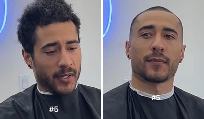 Before and after haircut transformation showing a man’s glow up with a fresh, stylish new haircut.