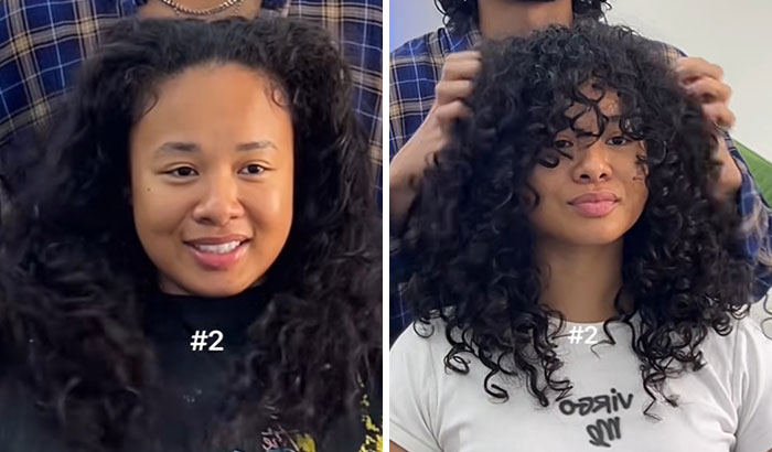 Before and after haircut transformation showing natural curly hair styled to enhance glow up appearance.