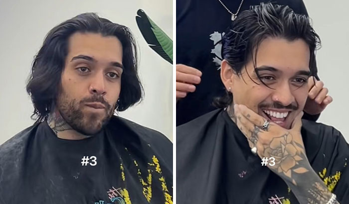 Before and after haircut showing a man’s glow up transformation with a stylish new cut and happier expression.