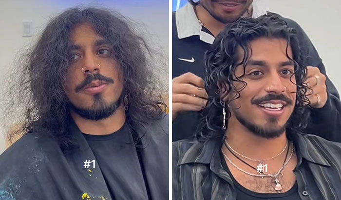 Man before and after haircut transformation showing a dramatic glow up with styled, curly hair and accessories.