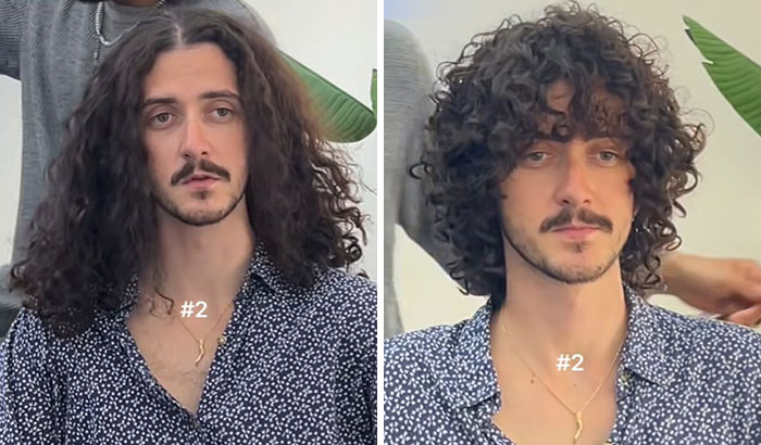 Before and after haircut showing a man’s transformation with a stylish curly glow up haircut.