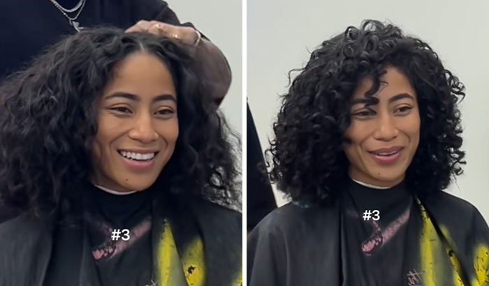 Woman with curly hair before and after haircut showing a glow up with a fresh haircut and styled curls in a salon.