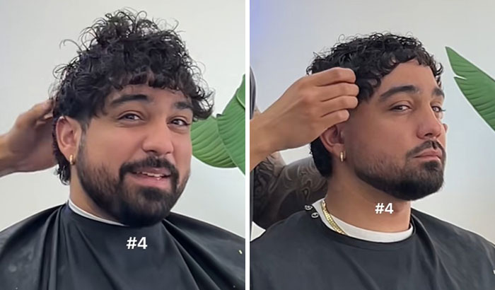 Man getting a haircut transformation showing a significant glow up with styled curly hair and groomed beard.