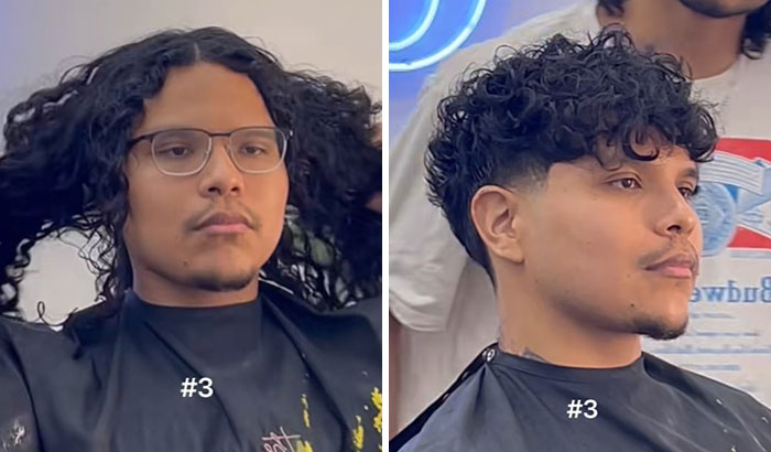Before and after haircut showing a man’s glow up with a stylish curly haircut transformation.
