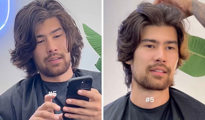 Before and after haircut transformation of a man showing a subtle hair glow up with medium-length styled hair.