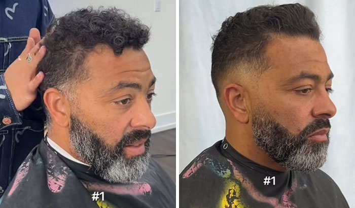 Man with a fresh haircut and trimmed beard showing a glow up transformation after a stylish haircut.