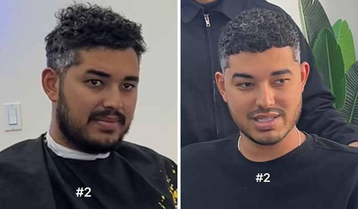 Before and after haircut transformation of a man showing a dramatic glow up with a fresh modern hairstyle.