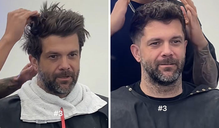 Man before and after haircut transformation showing a glow up with a stylish modern haircut and grooming.