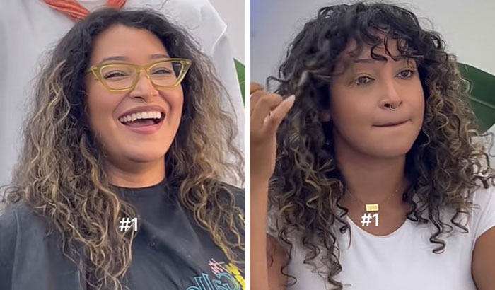 Before and after haircut transformation of a woman with curly hair showcasing a significant glow up and fresh style.