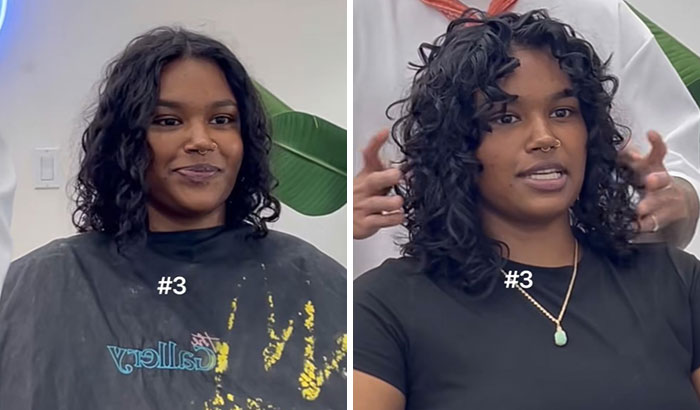 Before and after haircut transformation showing a woman glowing up with styled curly hair and a fresh look.