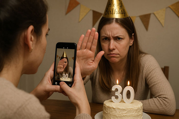Woman at birthday dinner blocking camera of self-proclaimed influencer trying to film, showing frustration and raised hand gesture.