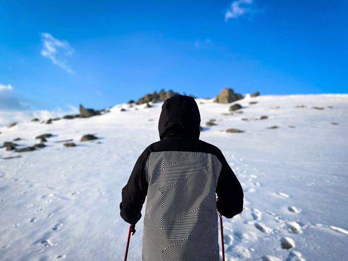 Person wearing a jacket hiking through snowy woods, capturing the feeling that still scares me after time spent in nature. - 2