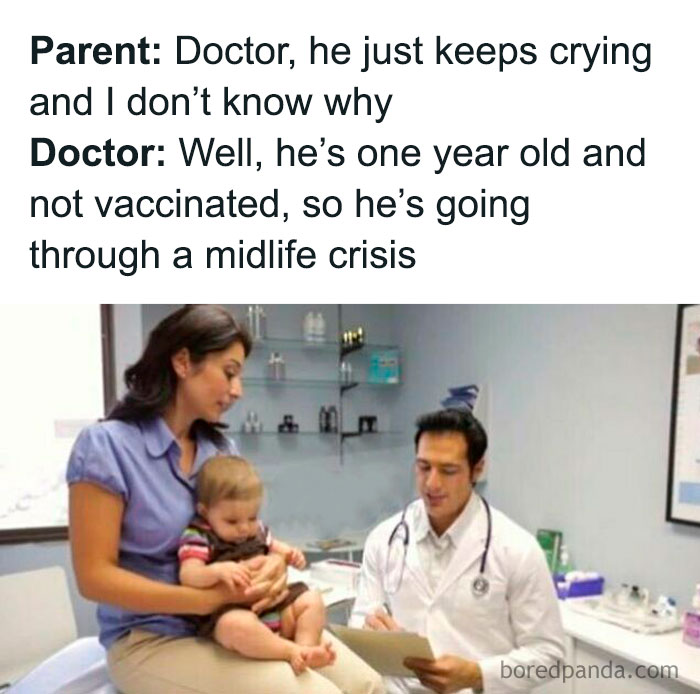 Parent talking to doctor about crying baby, with doctor diagnosing midlife crisis in a funny and relatable medical meme.