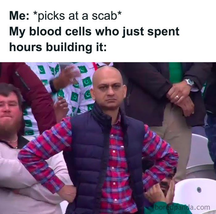 Man in plaid shirt and vest with hands on hips, expressing frustration, illustrating relatable medical memes humor.