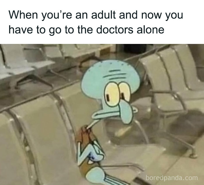Funny and relatable medical meme showing Squidward nervously waiting alone at the doctor’s office in a hospital seating area.