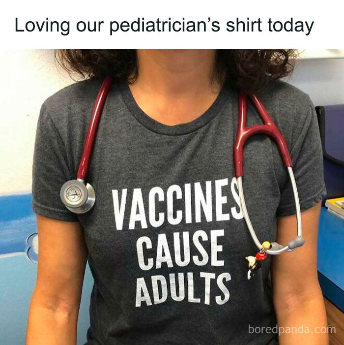 Person wearing a pediatrician shirt with stethoscope, featuring a funny medical meme about vaccines causing adults.