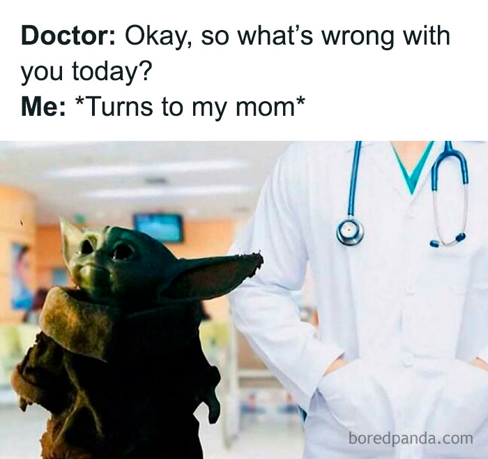Baby Yoda looking at a doctor with text about turning to mom, a funny and relatable medical memes concept.