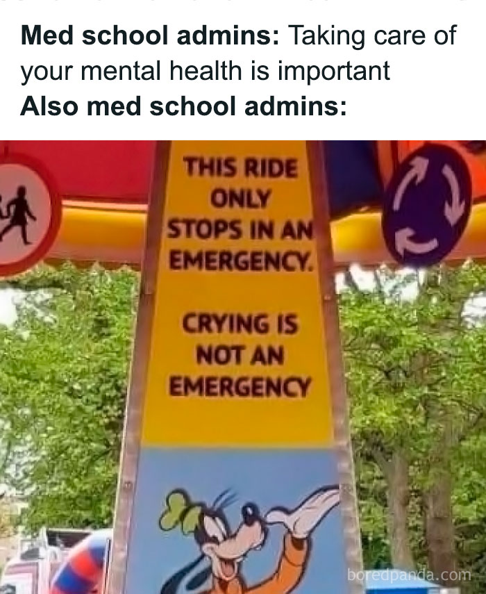 Medical meme showing a humorous sign about emergency stops, reflecting relatable medical humor for doctors and patients.