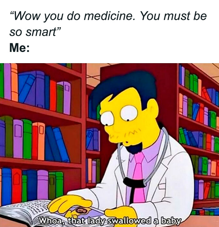 Cartoon doctor reading a medical book with funny relatable medical memes about medicine and checkups.