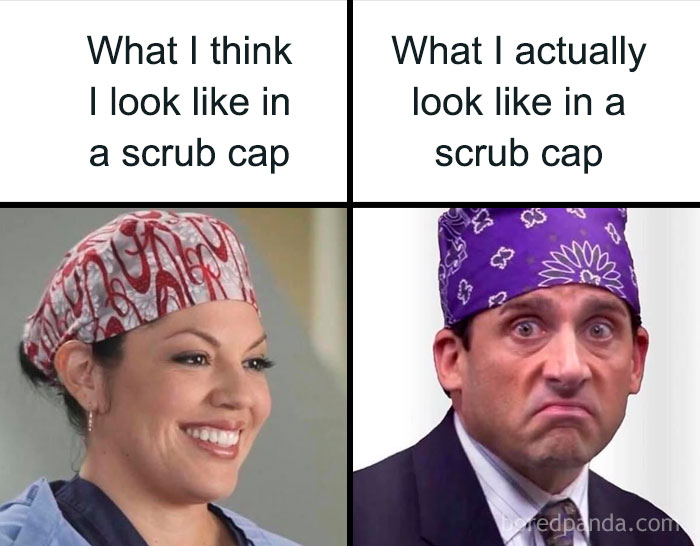 Comparison meme showing expectations versus reality of wearing a scrub cap, related to funny medical memes.