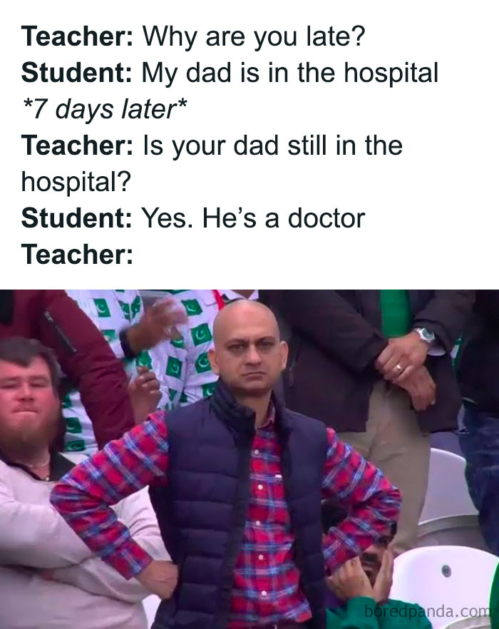 Man in a plaid shirt and vest standing with hands on hips, paired with a funny and relatable medical meme about doctors.