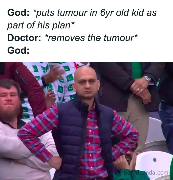 Man in a red plaid shirt and blue vest standing with hands on hips, illustrating relatable medical memes humor at a checkup.