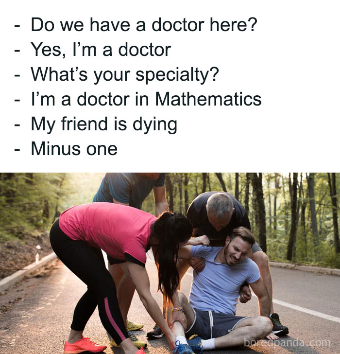 Group helping a man who fell while running outdoors, paired with a relatable medical meme for doctors and checkups.
