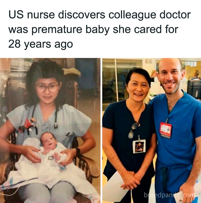 Nurse and doctor reunion showing a premature baby cared for 28 years ago with funny and relatable medical meme.