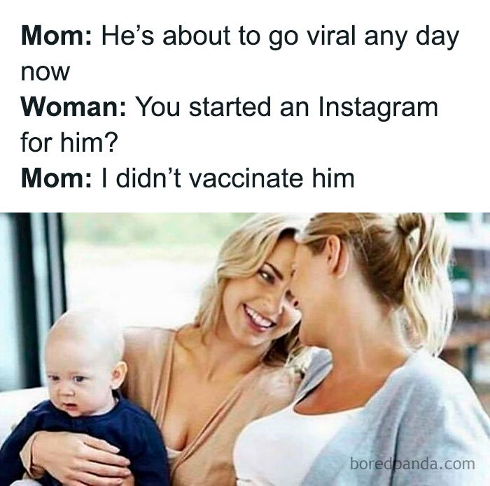 Funny and relatable medical meme showing a mom and woman talking about going viral and vaccination with a baby in arms.