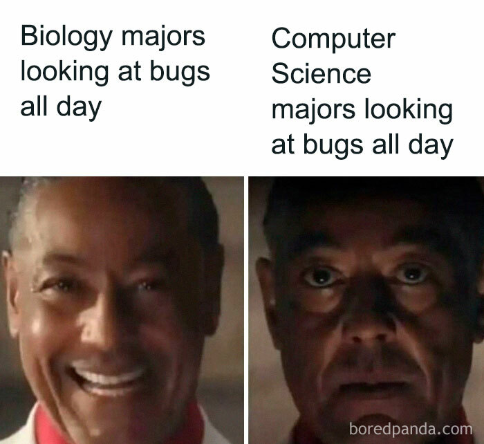 Two side-by-side images humorously contrasting biology majors smiling and computer science majors looking serious at bugs, science meme.