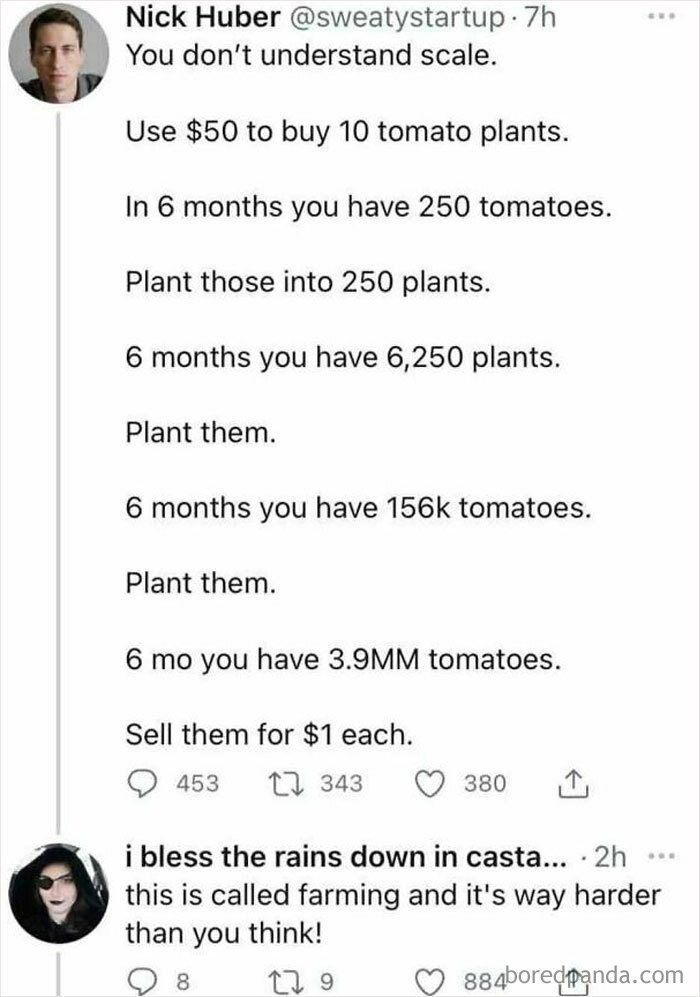 Twitter conversation about farming scale, tomatoes, and the challenges of agriculture, related to photosynthesis science memes.