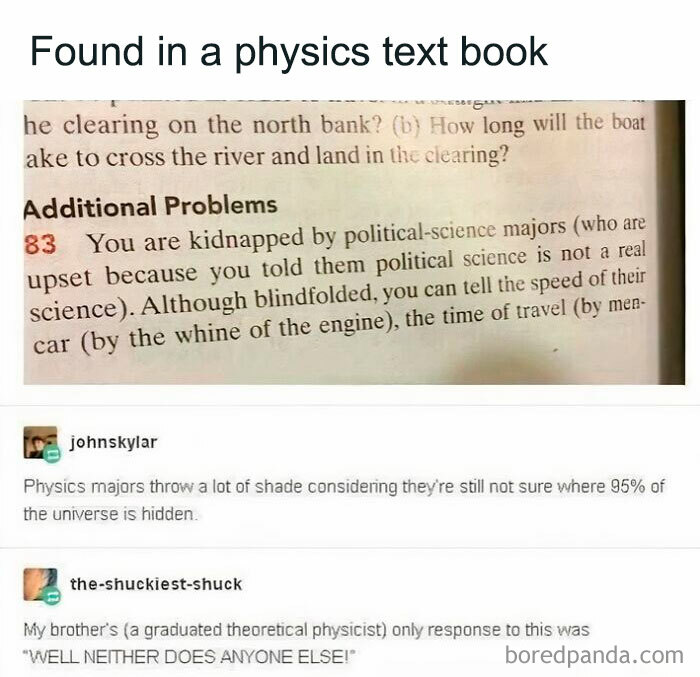 Text from a physics textbook joking about political science majors, followed by comments on physics majors and the universe, science memes.