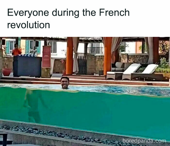 Man barely visible in swimming pool with text referencing the French revolution, science memes about photosynthesis.