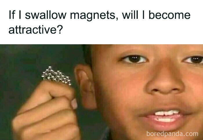 Child holding small magnets near his ear with a humorous question about attractiveness related to science memes and photosynthesis.