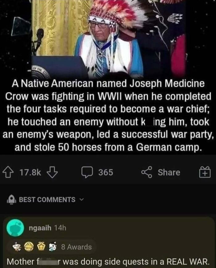 Meme about Native American hero during WWII with science humor, popular in science memes for non-science people.