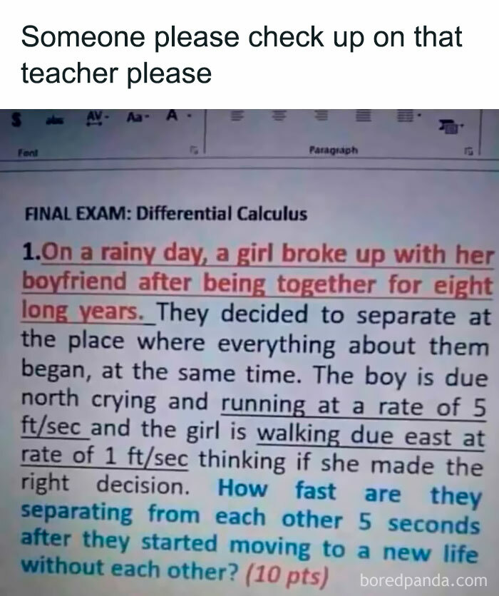 Math exam question about a breakup with walking and running rates, featured in science memes for non-science people.