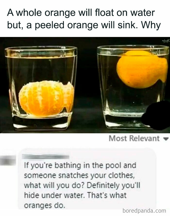 Two glasses of water showing a peeled orange sinking and a whole orange floating illustrating a science meme about photosynthesis.