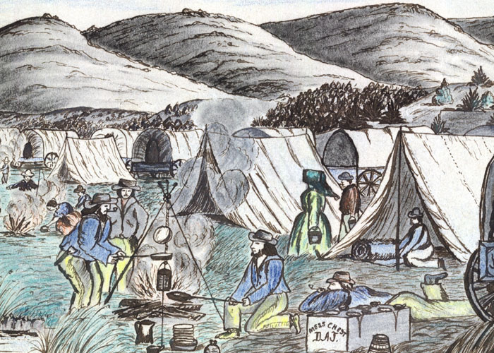 Campers cooking food and resting at a 19th-century tent settlement amid hills, illustrating historical events people survived.