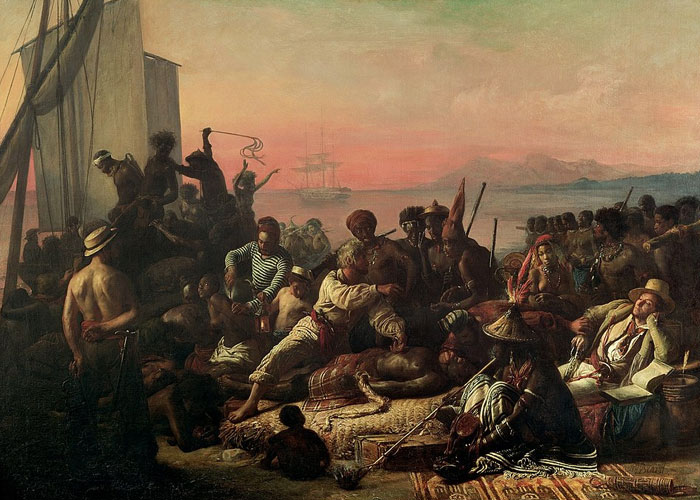 Survivors of a historical maritime event resting on a ship’s deck during sunset with ships in the background.