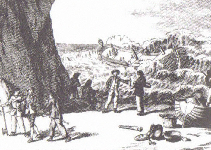 People surviving a shipwreck near rocky shores during an unbelievable historical event in turbulent waters.