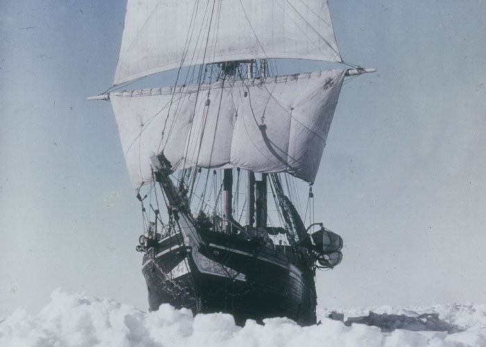 Historic sailing ship trapped in icy waters, representing unbelievable historical events that people actually survived.