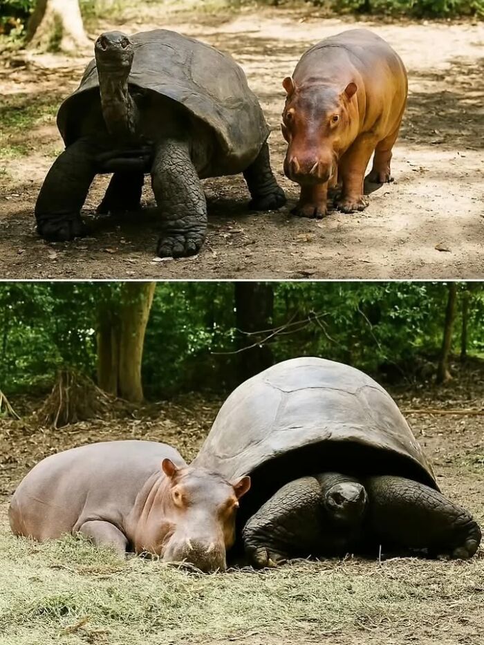 Two young hippos and a giant tortoise together outdoors, showcasing unique pet perspectives in a natural setting.
