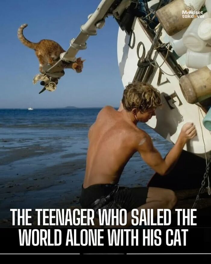 Teenage boy sailing alone with his cat on a boat shore, a rare historical photo of pets and adventure.