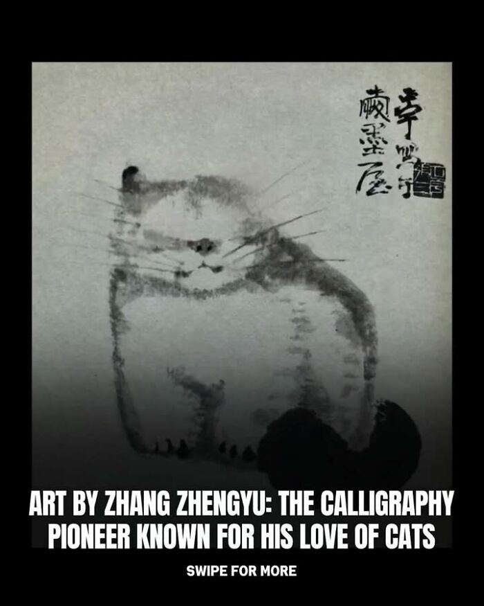 Ink brush painting of a cat by Zhang Zhengyu, highlighting historical photos that change your perspective on pets.