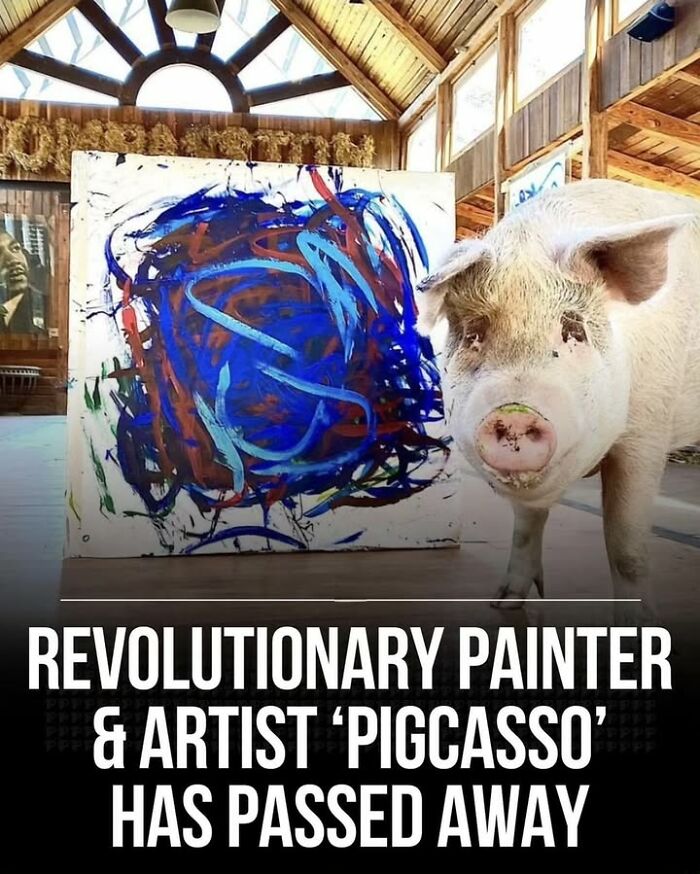 Pig named Pigcasso with abstract colorful painting in a wooden art studio, showcasing fascinating historical pets.