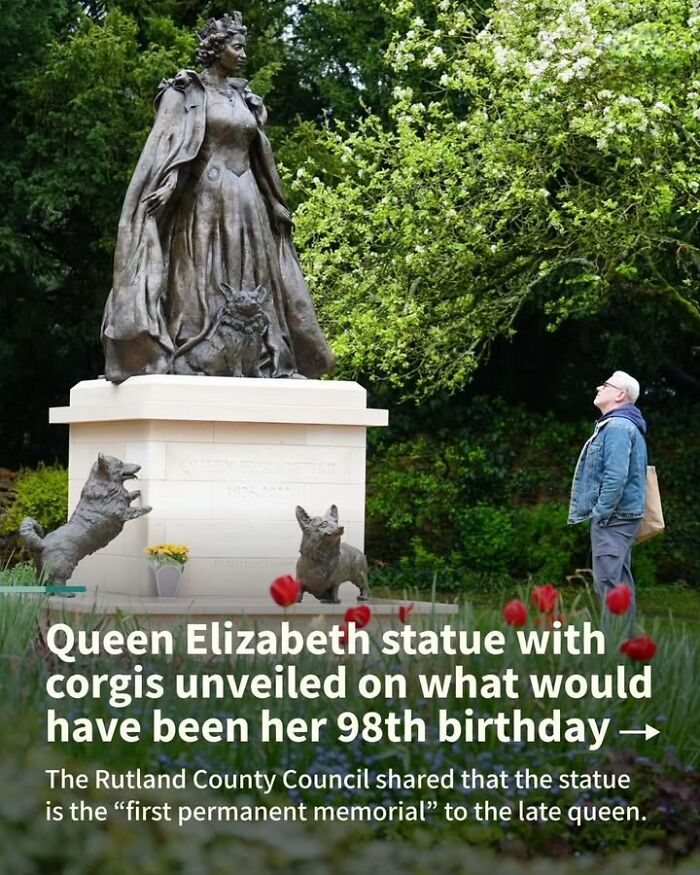 Statue of Queen Elizabeth with corgis in a garden, highlighting historical photos that change perspective on pets.