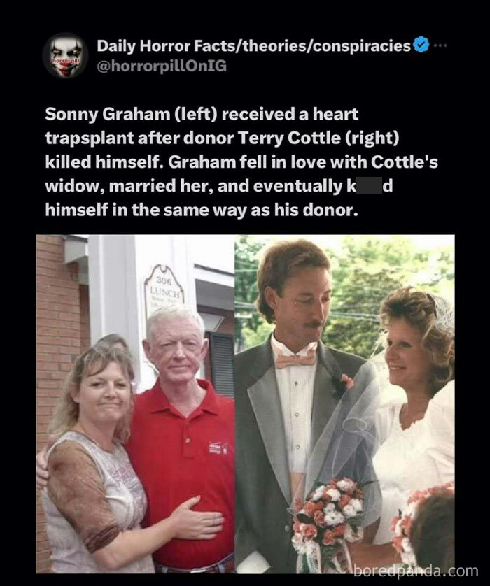 Two photos showing a couple before and after a heart transplant, illustrating an unsettling story from the horror pill group.